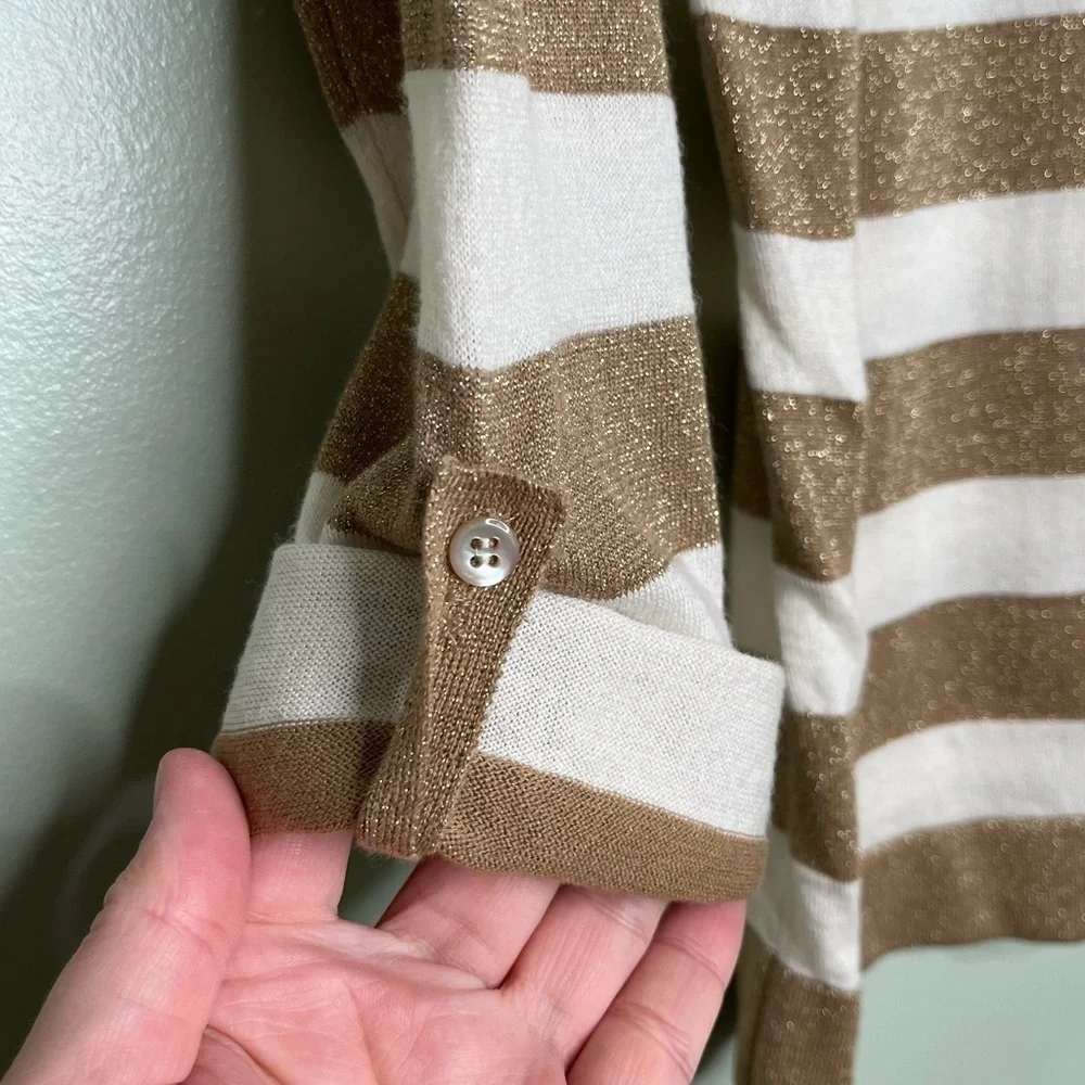 J. Crew Wool‎ Blend Roll Button Long Sleeve Top Striped Gold Shimmer White XS